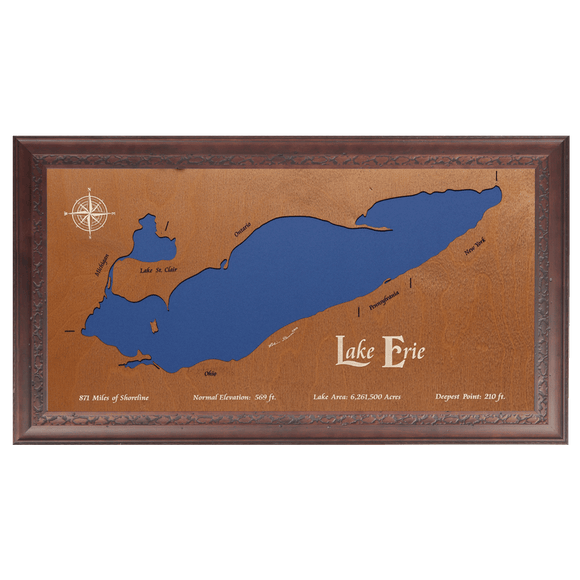 Lake Erie, Canada, Michigan, Ohio, Pennsylvania, and New York Stained Wood and Dark Walnut Frame Lake Map Silhouette