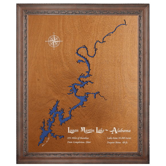 Logan Martin Lake, Alabama Stained Wood and Dark Walnut Frame Lake Map Silhouette