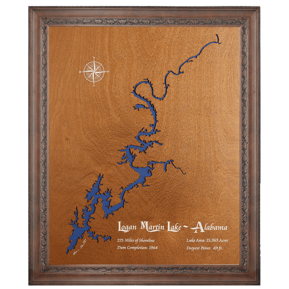 Logan Martin Lake, Alabama Stained Wood and Dark Walnut Frame Lake Map Silhouette