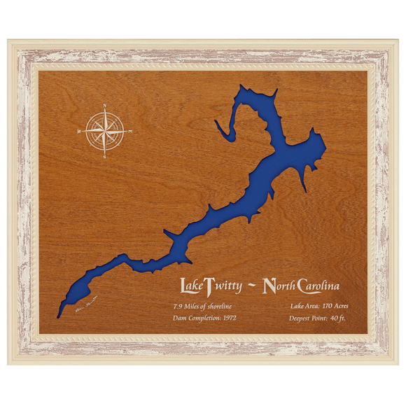 Lake Twitty, North Carolina Stained Wood and Distressed White Frame Lake Map Silhouette