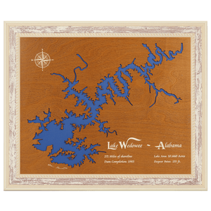 Lake Wedowee, Alabama Stained Wood and Distressed White Frame Lake Map Silhouette