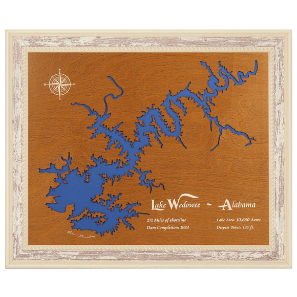 Lake Wedowee, Alabama Stained Wood and Distressed White Frame Lake Map Silhouette