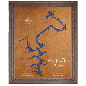 Neely Henry Lake, Alabama Stained Wood and Dark Walnut Frame Lake Map Silhouette