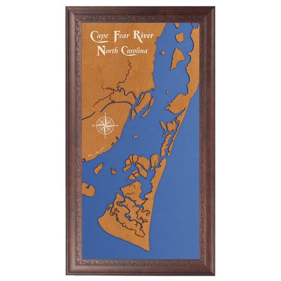 Cape Fear River, North Carolina Stained Wood and Dark Walnut Frame Lake Map Silhouette