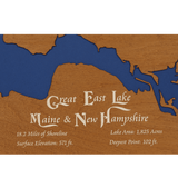 Great East Lake, Maine and New Hampshire Stained Wood and Dark Walnut Frame Lake Map Silhouette