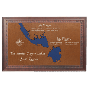 Santee Cooper Lakes, South Carolina Stained Wood and Dark Walnut Frame Lake Map Silhouette