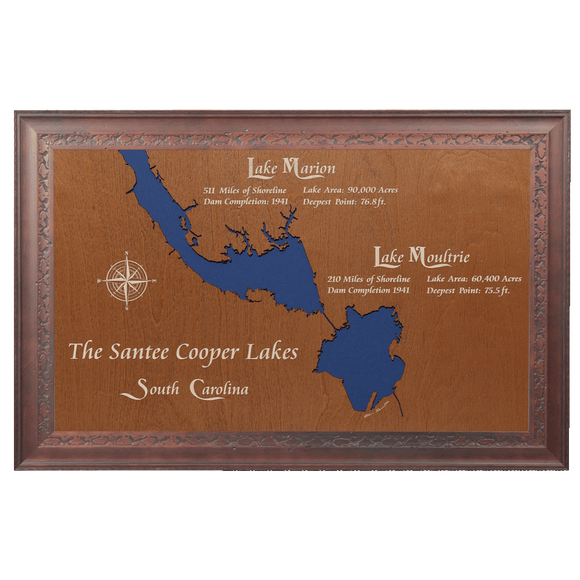 Santee Cooper Lakes, South Carolina Stained Wood and Dark Walnut Frame Lake Map Silhouette