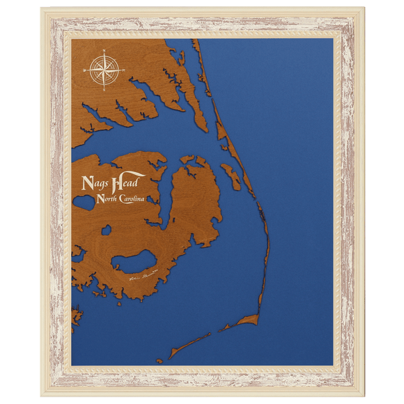 Nags Head, North Carolina Stained Wood and Distressed White Frame Lake Map Silhouette