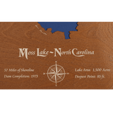 Moss Lake, North Carolina Stained Wood and Distressed White Frame Lake Map Silhouette