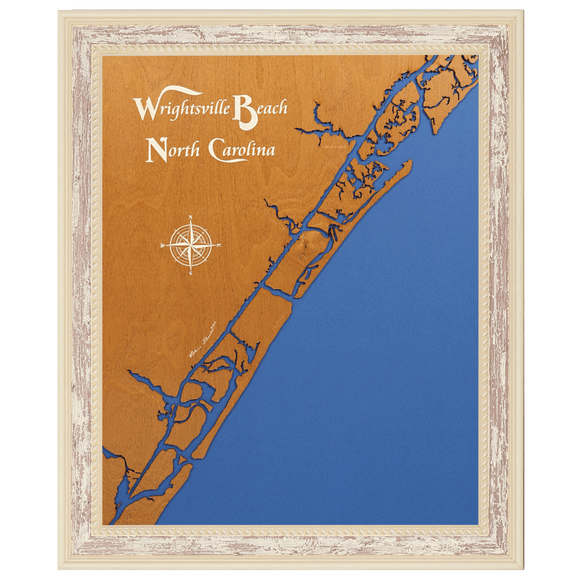 Wrightsville Beach, North Carolina Stained Wood and Distressed White Frame Lake Map Silhouette