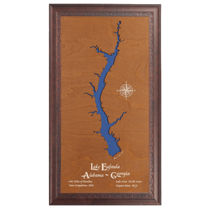 Lake Eufaula, Alabama and Georgia Stained Wood and Dark Walnut Frame Lake Map Silhouette