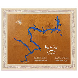 Leesville Lake, Virginia Stained Wood and Distressed White Frame Lake Map Silhouette