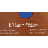 Elk Lake, Michigan Stained Wood and Dark Walnut Frame Lake Map Silhouette