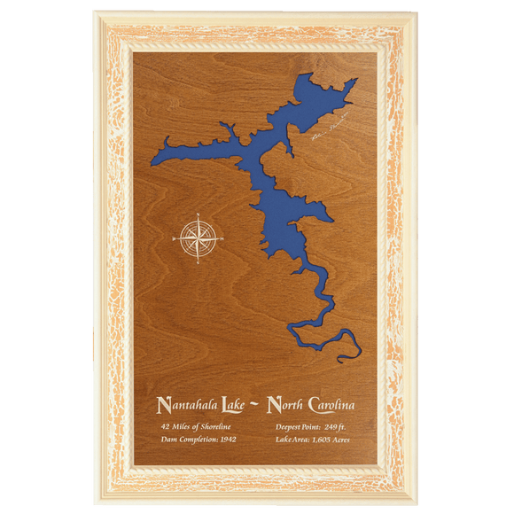 Nantahala Lake, North Carolina Stained Wood and Distressed White Frame Lake Map Silhouette