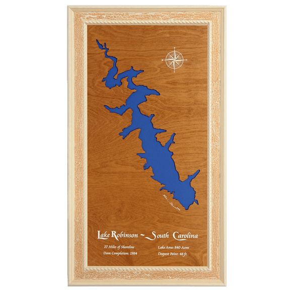 Lake Robinson, Greer, South Carolina Stained Wood and Distressed White Frame Lake Map Silhouette