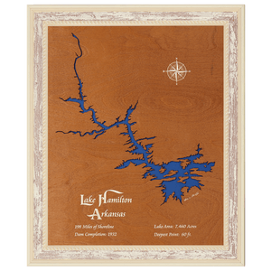 Lake Hamilton, Arkansas Stained Wood and Distressed White Frame Lake Map Silhouette