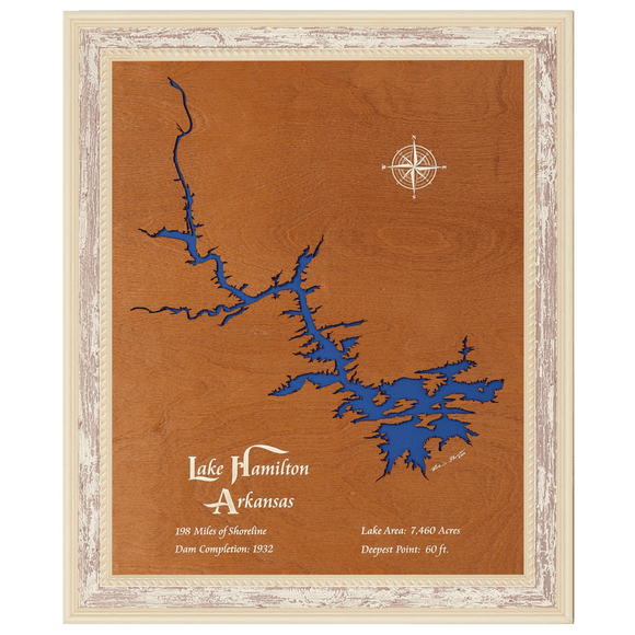 Lake Hamilton, Arkansas Stained Wood and Distressed White Frame Lake Map Silhouette