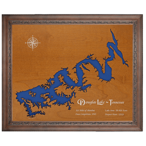 Douglas Lake, Tennessee Stained Wood and Dark Walnut Frame Lake Map Silhouette