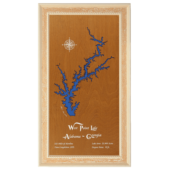 West Point Lake, Alabama and Georgia Stained Wood and Distressed White Frame Lake Map Silhouette
