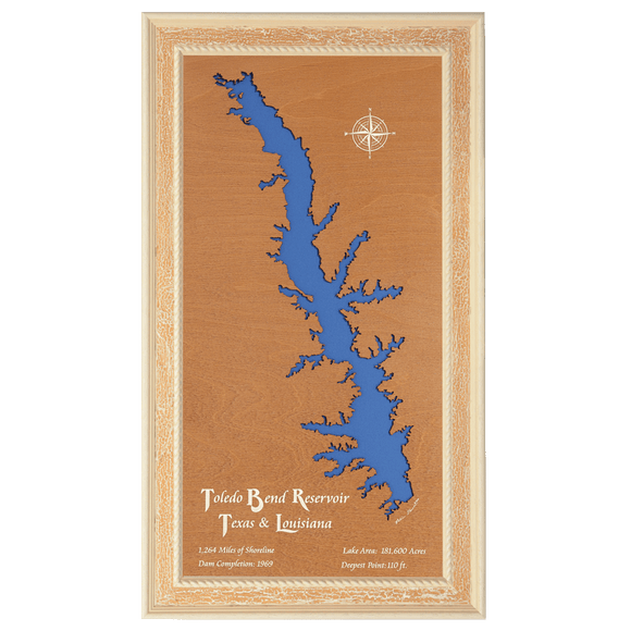 Toledo Bend Reservoir, Texas and Louisiana Stained Wood and Distressed White Frame Lake Map Silhouette