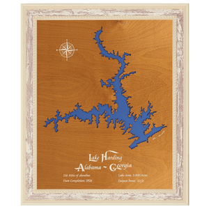 Lake Harding, Alabama and Georgia Stained Wood and Distressed White Frame Lake Map Silhouette