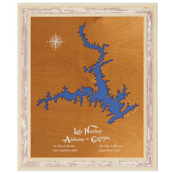 Lake Harding, Alabama and Georgia Stained Wood and Distressed White Frame Lake Map Silhouette