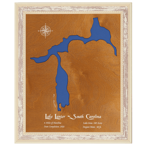 Lake Lanier, South Carolina Stained Wood and Distressed White Frame Lake Map Silhouette