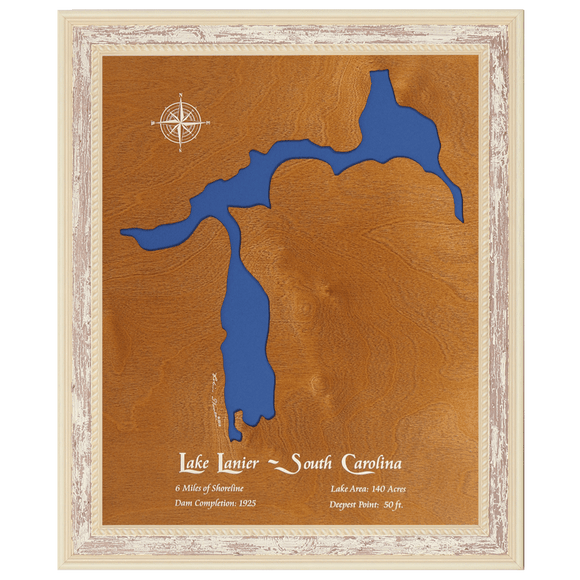Lake Lanier, South Carolina Stained Wood and Distressed White Frame Lake Map Silhouette