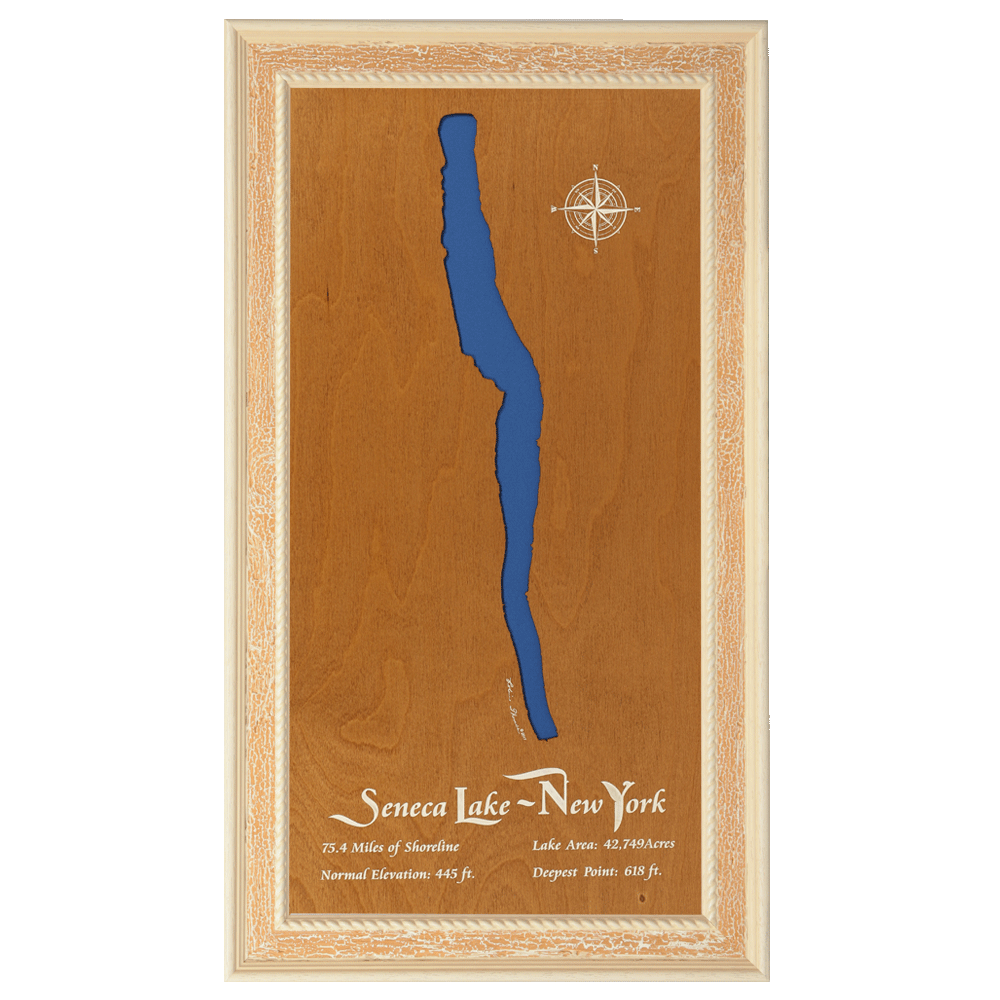 Seneca Lake, New York Stained Wood and Distressed White Frame Lake Map