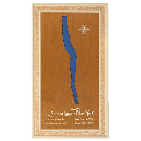 Seneca Lake, New York Stained Wood and Distressed White Frame Lake Map Silhouette