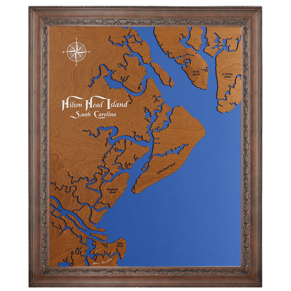 Hilton Head Island, South Carolina Stained Wood and Dark Walnut Frame Lake Map Silhouette