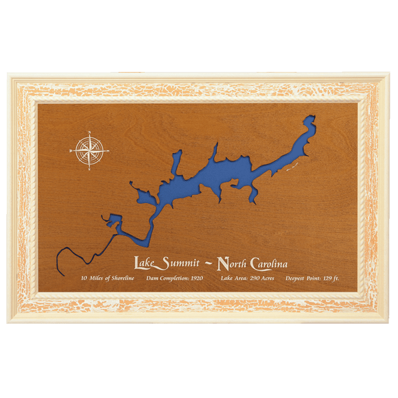 Lake Summit, North Carolina Stained Wood and Distressed White Frame Lake Map Silhouette