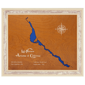 Lake Havasu, Arizona and California Stained Wood and Distressed White Frame Lake Map Silhouette