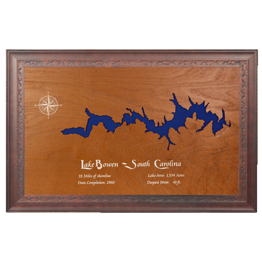 Lake Bowen, South Carolina Stained Wood and Dark Walnut Frame Lake Map Silhouette