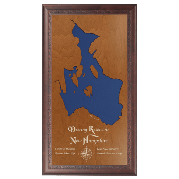 Deering Reservoir, New Hampshire Stained Wood and Dark Walnut Frame Lake Map Silhouette