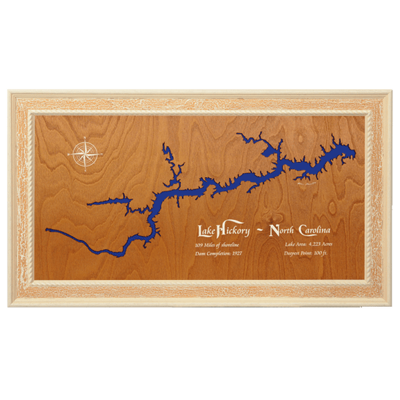 Lake Hickory, North Carolina Stained Wood and Distressed White Frame Lake Map Silhouette