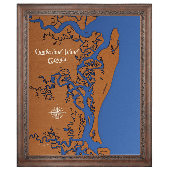 Cumberland Island, Georgia Stained Wood and Dark Walnut Frame Lake Map Silhouette