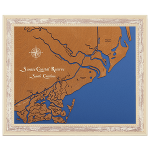 Santee Coastal Reserve, South Carolina Stained Wood and Distressed White Frame Lake Map Silhouette