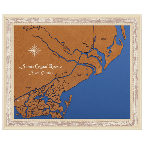 Santee Coastal Reserve, South Carolina Stained Wood and Distressed White Frame Lake Map Silhouette