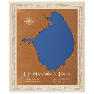 Lake Okeechobee, Florida Stained Wood and Distressed White Frame Lake Map Silhouette