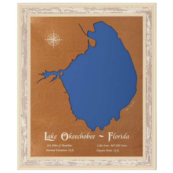 Lake Okeechobee, Florida Stained Wood and Distressed White Frame Lake Map Silhouette