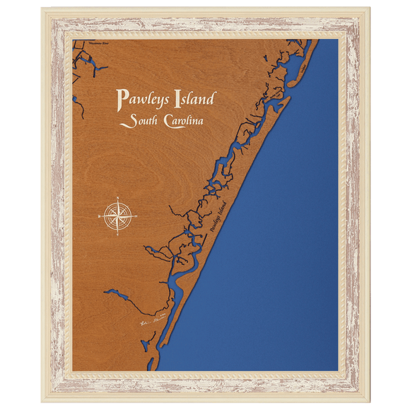 Pawleys Island, South Carolina Stained Wood and Distressed White Frame Lake Map Silhouette