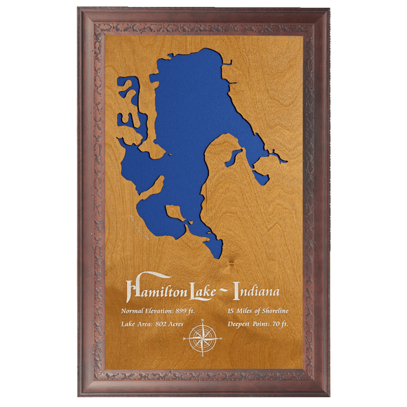 Hamilton Lake, Indiana Stained Wood and Dark Walnut Frame Lake Map Silhouette