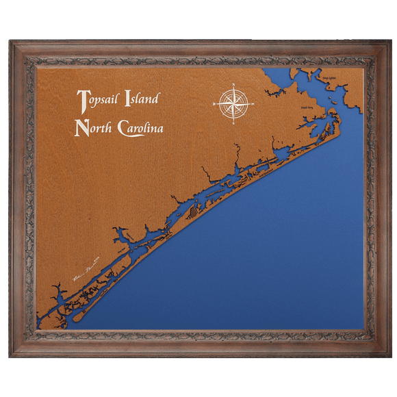 Topsail Island, North Carolina Stained Wood and Dark Walnut Frame Lake Map Silhouette