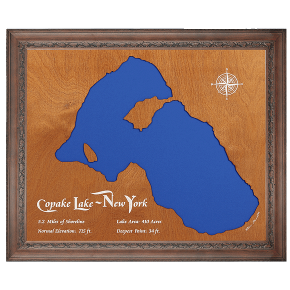 Copake Lake, New York Stained Wood and Dark Walnut Frame Lake Map Silhouette