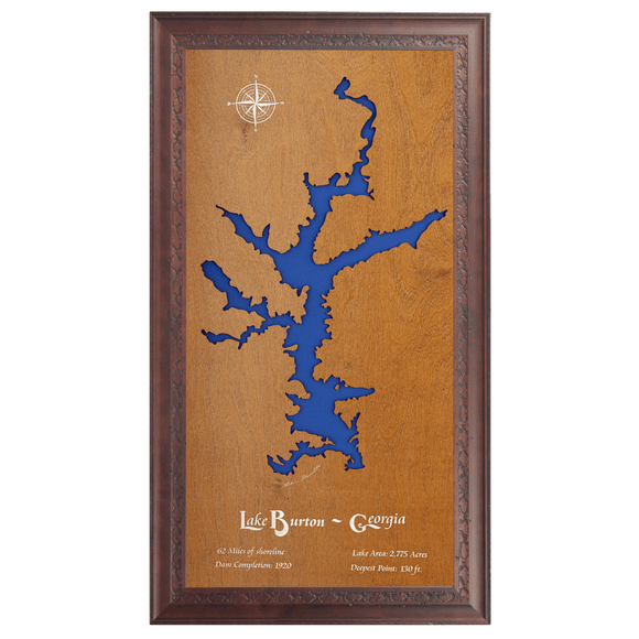 Lake Burton, Georgia Stained Wood and Dark Walnut Frame Lake Map Silhouette