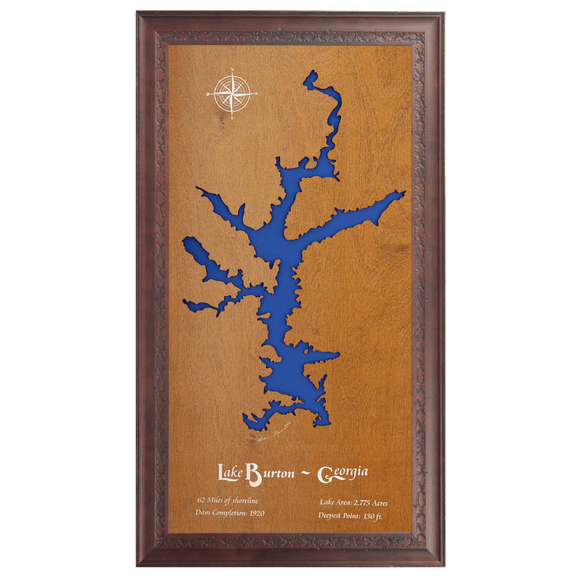 Lake Burton, Georgia Stained Wood and Dark Walnut Frame Lake Map Silhouette