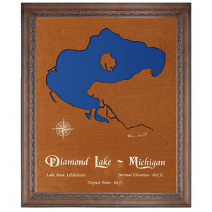 Diamond Lake, Michigan Stained Wood and Dark Walnut Frame Lake Map Silhouette