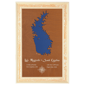 Lake Monticello, South Carolina Stained Wood and Distressed White Frame Lake Map Silhouette