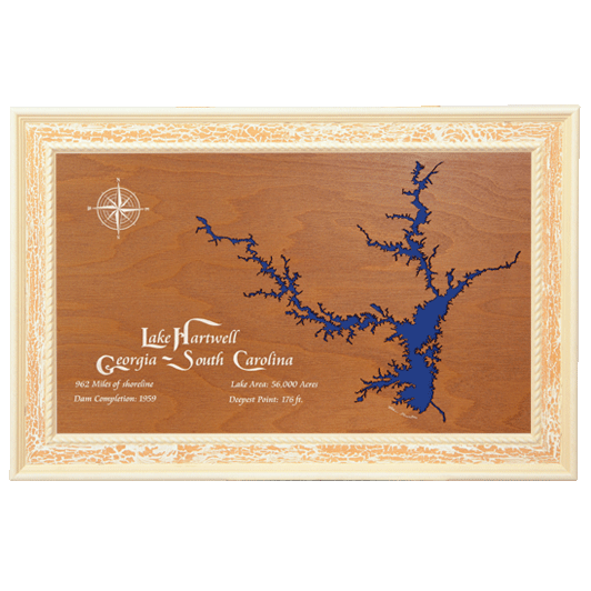 Lake Hartwell, Georgia and South Carolina Stained Wood and Distressed White Frame Lake Map Silhouette